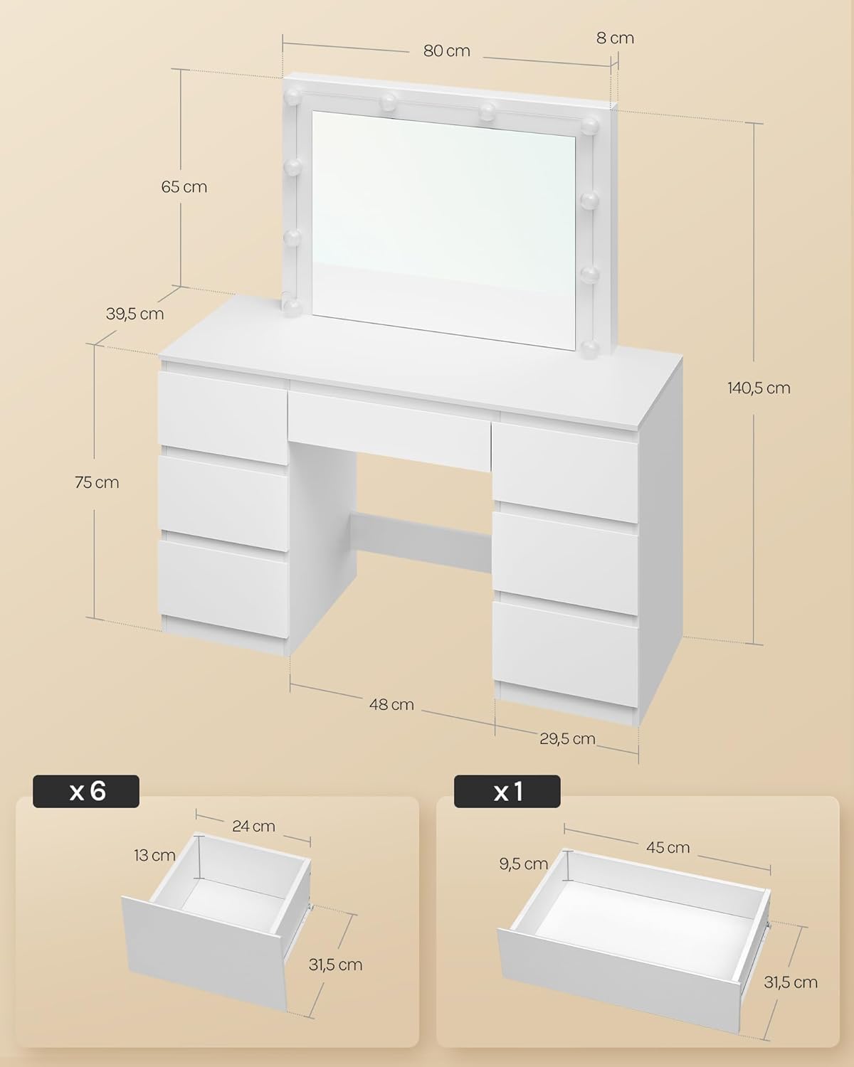 WOLTU Coiffeuse avec Miroir LED et Tabouret, Luminosité Réglable, avec 7 Tiroirs, 107x39,5x140,5cm, Blanc