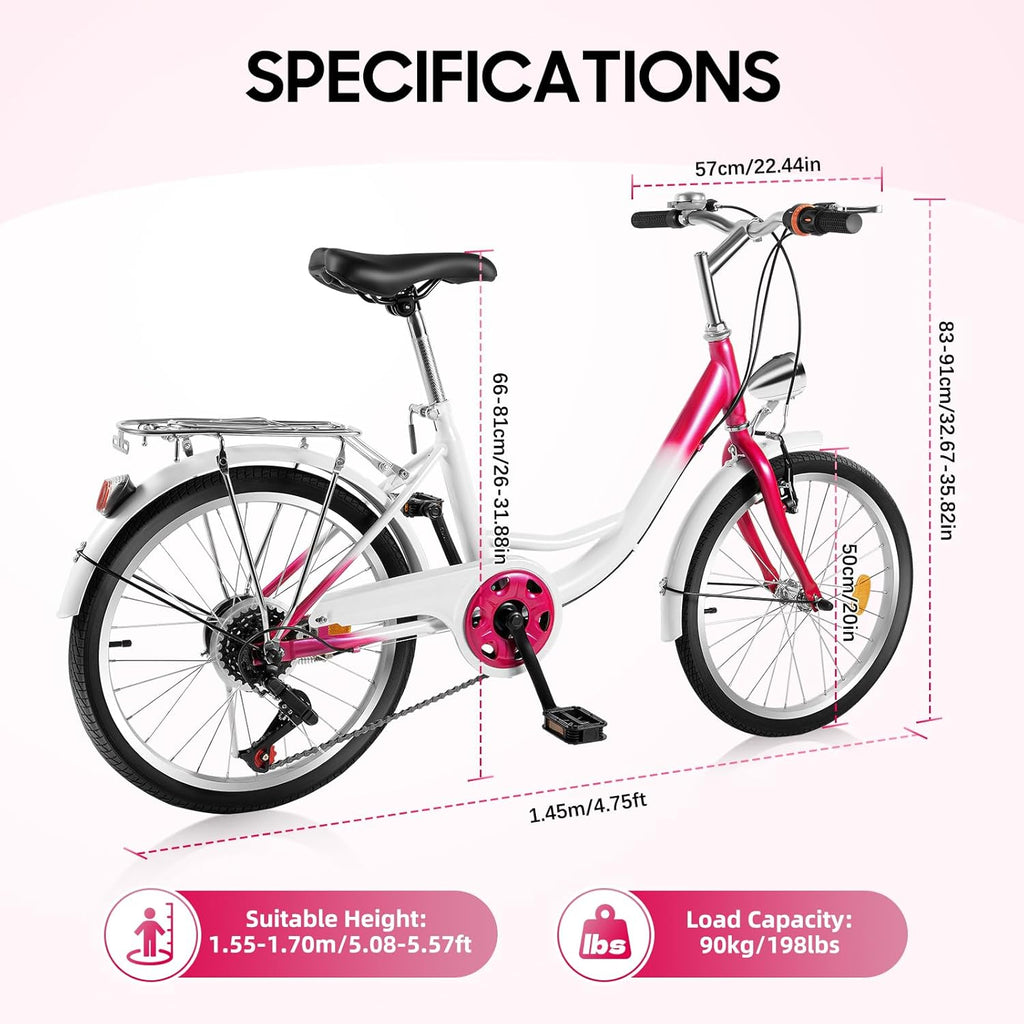 XUEMANSHOP Vélo pour enfant, 20 pouces, dérailleur à 6 vitesses, vélo pour femme avec phare, capacité de charge maximale 90 kg, pour 6, 7, 8, 9, 10 ans