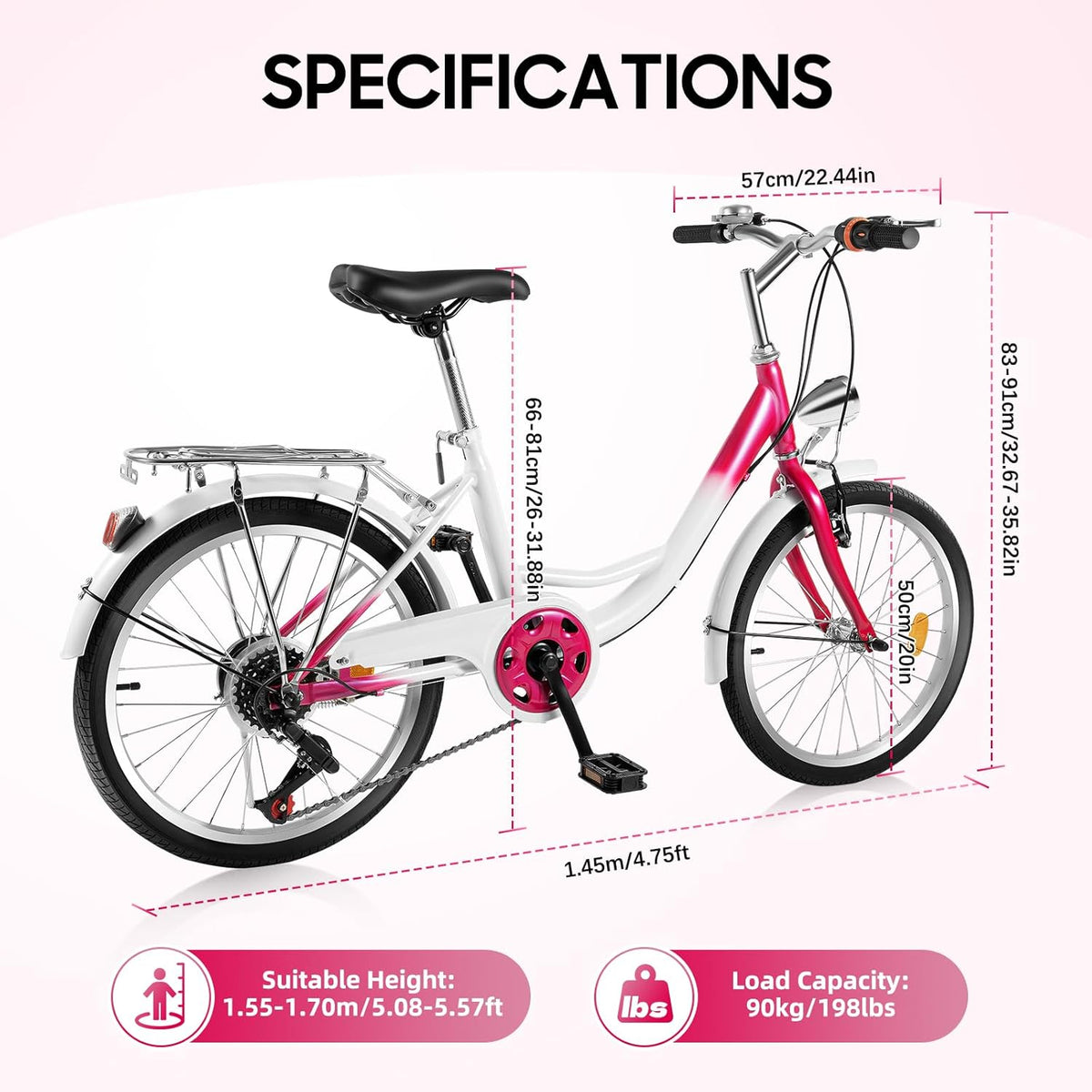 XUEMANSHOP Vélo pour enfant, 20 pouces, dérailleur à 6 vitesses, vélo pour femme avec phare, capacité de charge maximale 90 kg, pour 6, 7, 8, 9, 10 ans