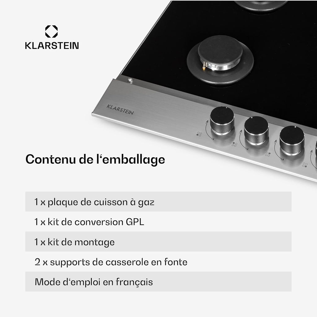 Klarstein Plaque de Cuisson à Gaz 4 Feux, Table de Cuisson 4 Brûleurs, 8.0 kW, Piano Cuisine en Acier Inoxydable, Encastrable, Inox