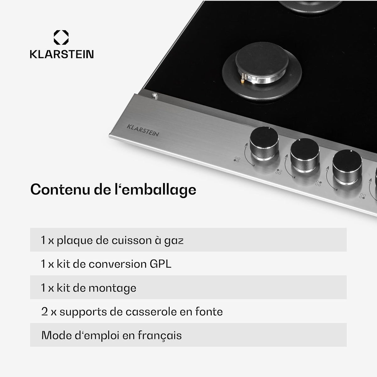 Klarstein Plaque de Cuisson à Gaz 4 Feux, Table de Cuisson 4 Brûleurs, 8.0 kW, Piano Cuisine en Acier Inoxydable, Encastrable, Inox