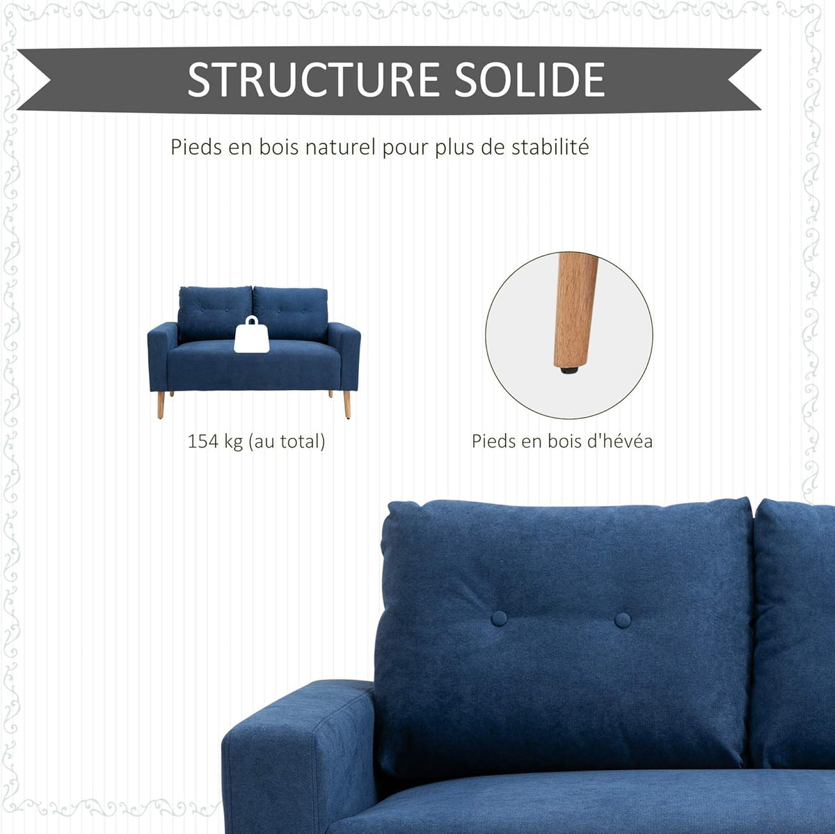 HOMCOM Canapé 2 Places Design scandinave dim. 145L x 76l x 88H cm Pieds Bois Massif Tissu Bleu