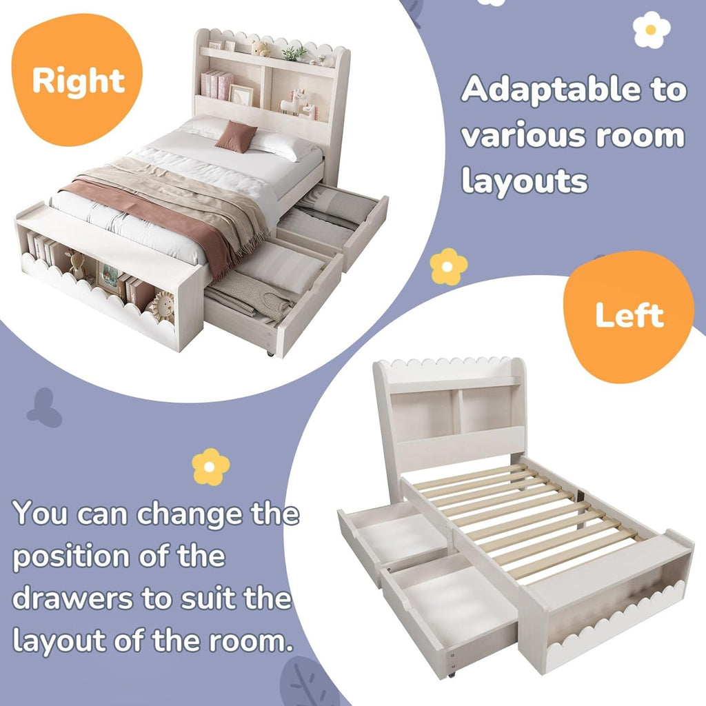KOMHTOM Lit d'enfant en Bois avec 2 Tiroirs et Espace de Rangement - Lit Simple avec Support à Lattes, 90x200 cm