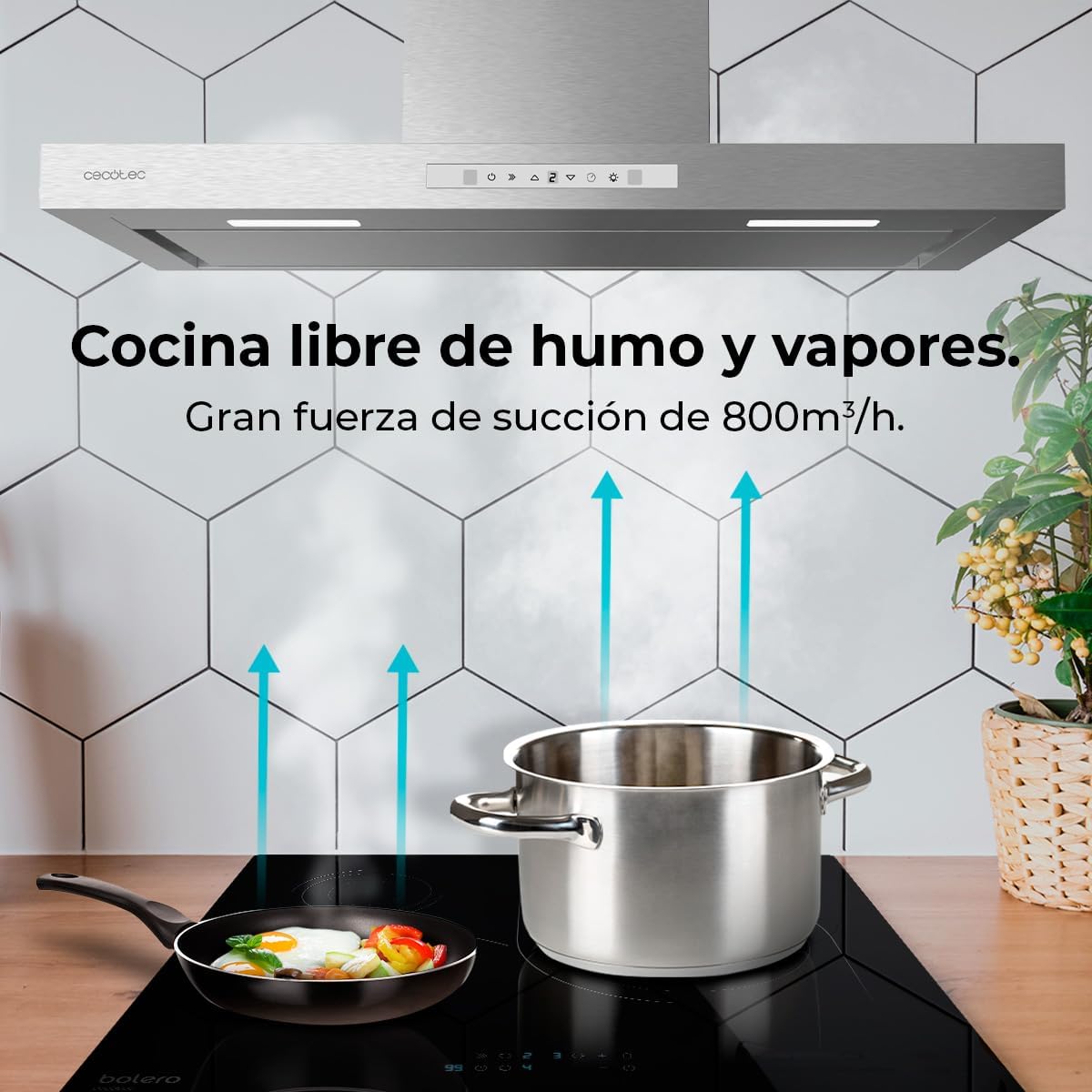 Cecotec Hotte aspirante Bolero Flux TT 908000. Hotte aspirante de 90 cm, inox, 800m3/h, moteur 210W, classe A++, écran tactile glass white, 3 niveaux, filtre charbon.