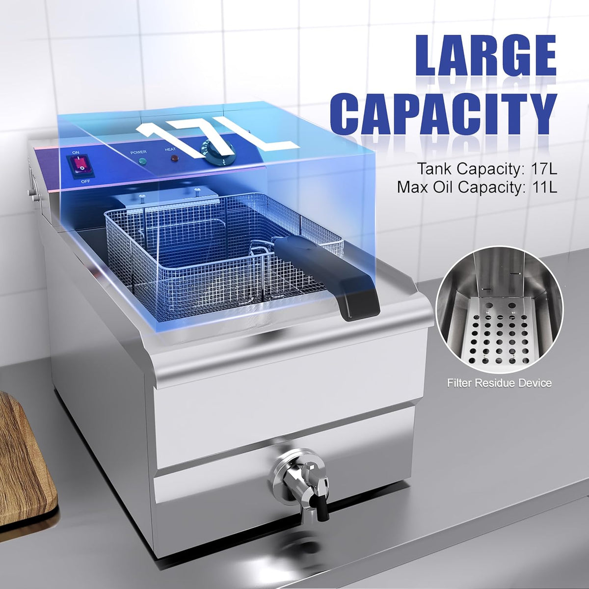 MOOTACO Friteuse électrique Inox 16L Professionnelle Commerciale,3000W Acier Inoxydable Friteuse avec robinet