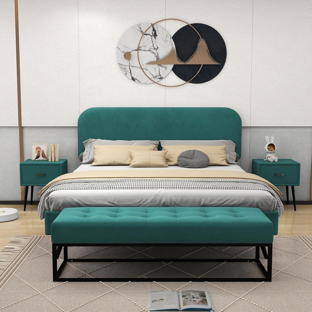 I0I&I0I Ensemble de meubles de chambre à coucher, design moderne, lit double, 2 tables de chevet + tabouret de lit, en velours (vert 2 + sans matelas)