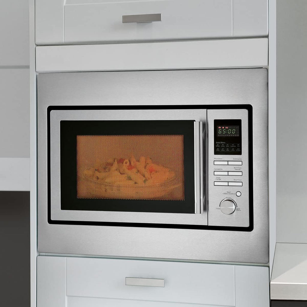 Bomann Micro-ondes encastrable 3en1 | gril et air chaud, | Microwave | 25 L | 10 programmes automatiques | grille et plateau tournant inclus (Ø 32 cm)| 900 watts | acier inoxydable | MWG 2216 H EB