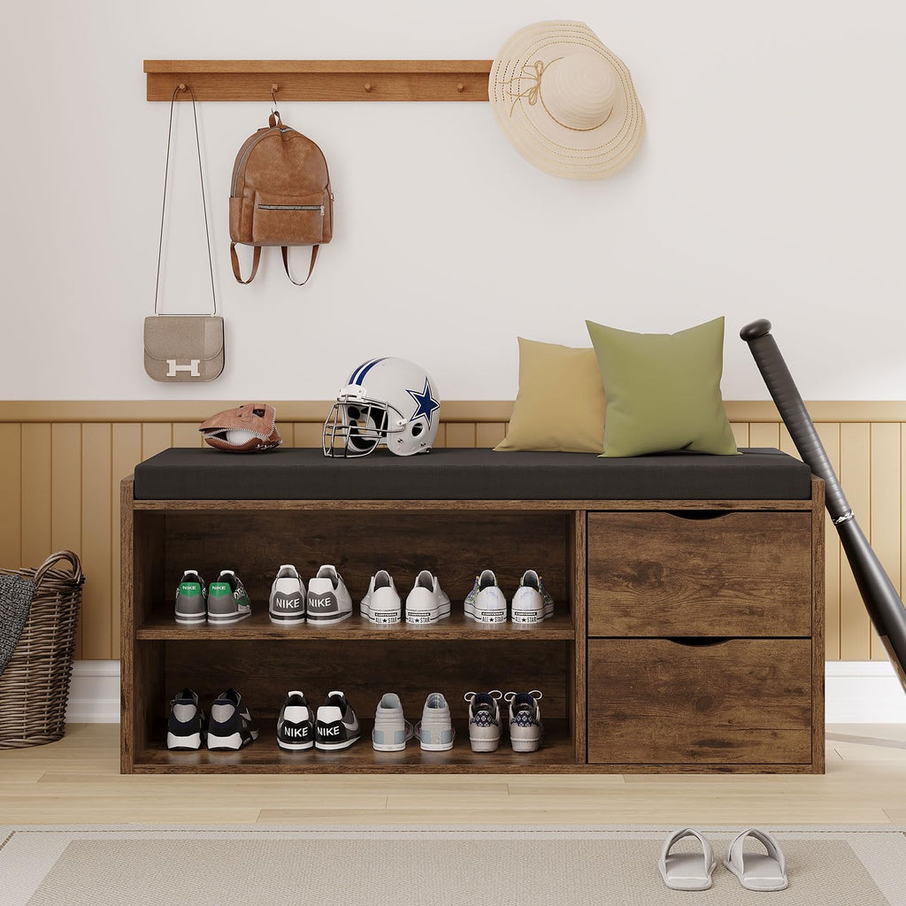 LVB Banc de Rangement Multifonction Banc à Chaussures rembourré avec tiroir pour entrée Salon ou Chambre Couleur Marron Rustique 101 x 45 x 34 cm
