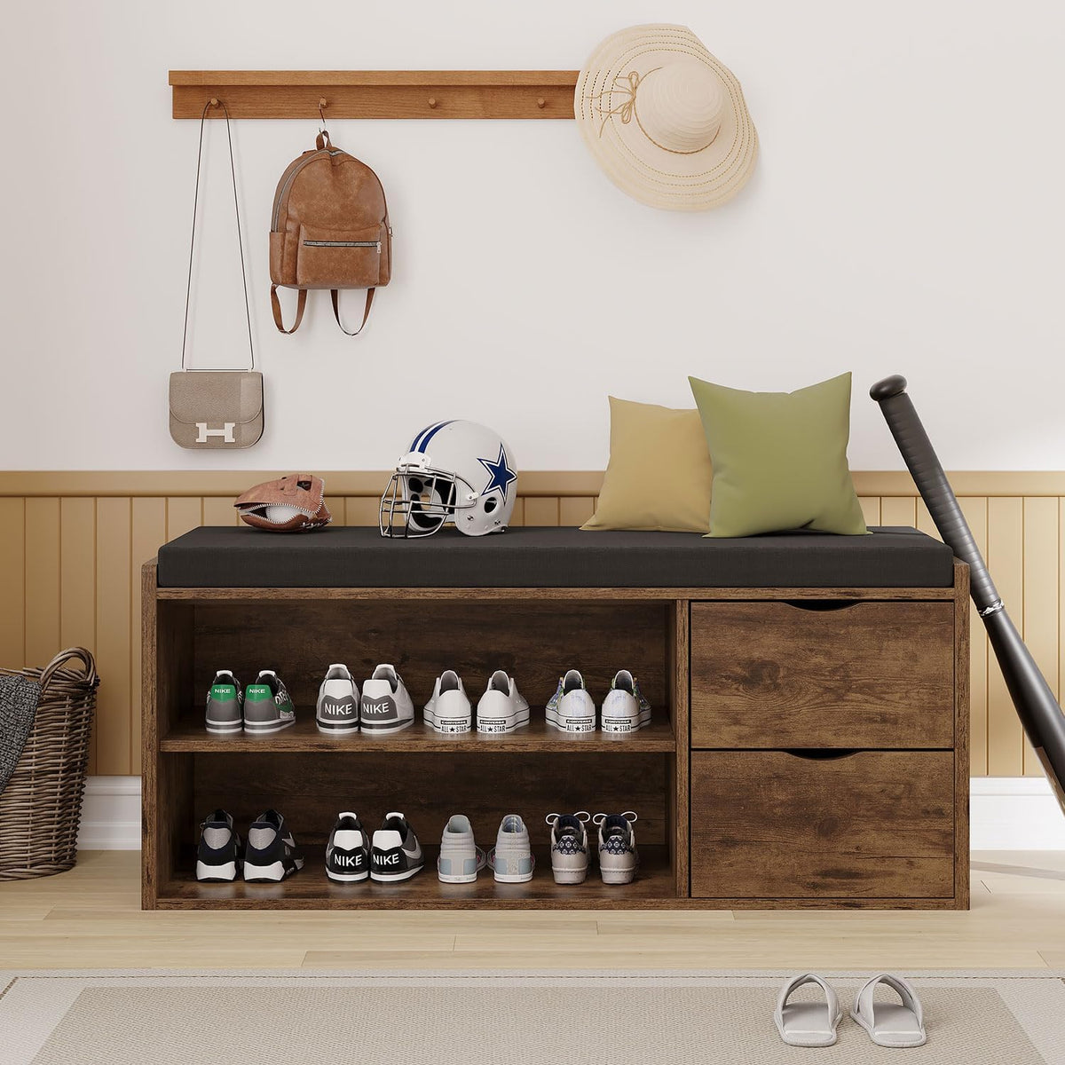 LVB Banc de Rangement Multifonction Banc à Chaussures rembourré avec tiroir pour entrée Salon ou Chambre Couleur Marron Rustique 101 x 45 x 34 cm