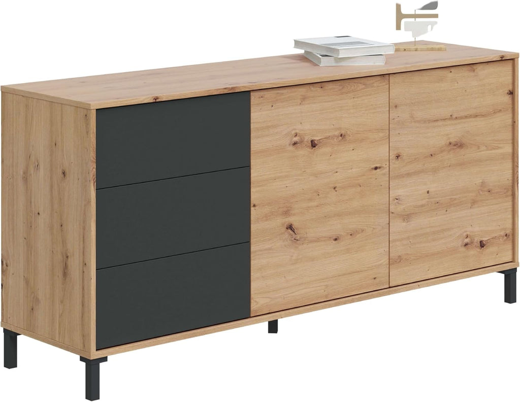Habitdesign modèle Brooklyn Buffet 2 portes et 3 tiroirs, finition chêne Nodi et gris anthracite, dimensions : 154 x 74 x 41 cm l x H x P .