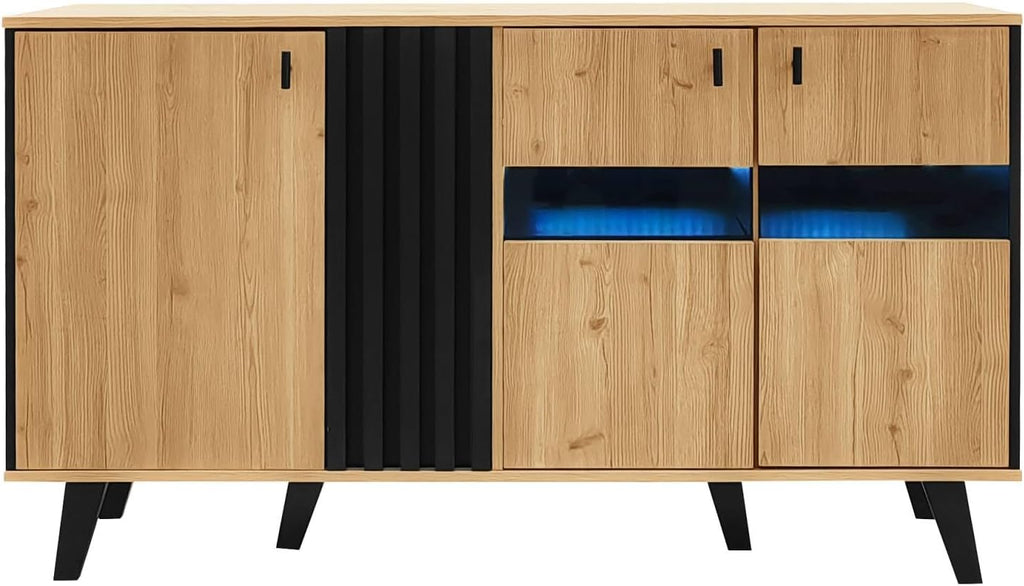 Sweiko Buffet, commode pour salon avec éclairage LED et verre, placard de cuisine avec 3 portes, en bois et noir, buffet pour salle à manger, entrée et couloir (Noir et Naturel)
