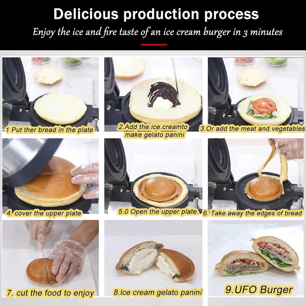 Machine à hamburgers commerciale avec revêtement antiadhésif, chauffe-hamburgers, presse à panini, machine à sandwichs 1300 W, gaufrier aux œufs, gaufrier à hamburgers commercial en acier in
