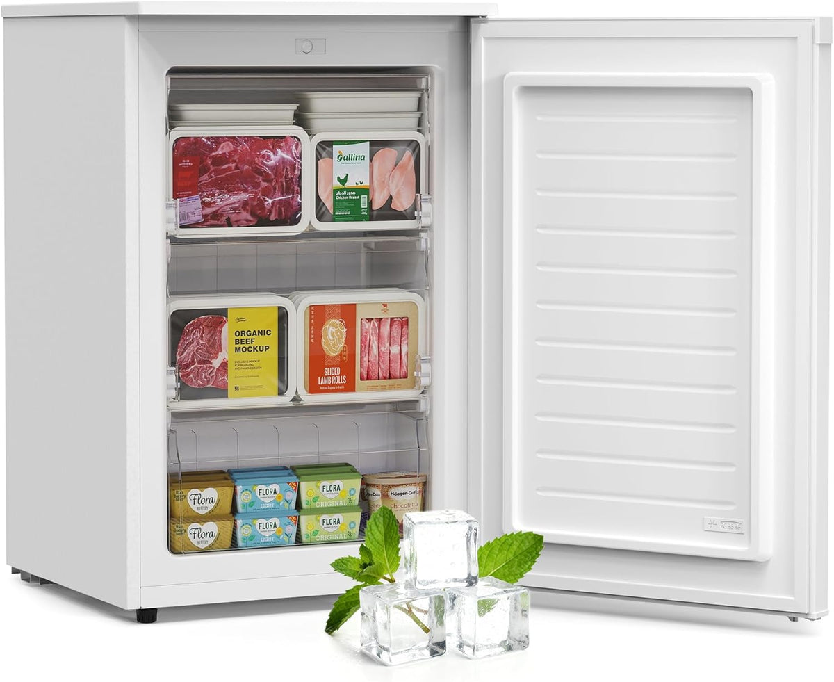 Upstreman 98L Congélateur Armoire,Petit Congélateur a 3 Compartiments, 84,7 x 55,6 cm, -18℃ Congélation 4 Étoiles,Porte Réversible, Congelateur Table Top, Blanc, UF98