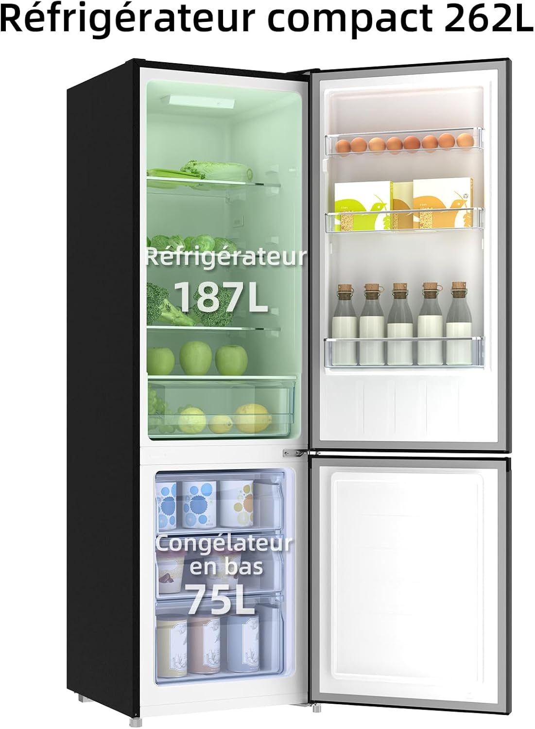 CHIQ Réfrigérateur congélateur bas FBM260L 262L (187+75), Low frost, Acier inoxydable, Portes réversibles, 39 db, 12 ans de garantie sur le compresseur