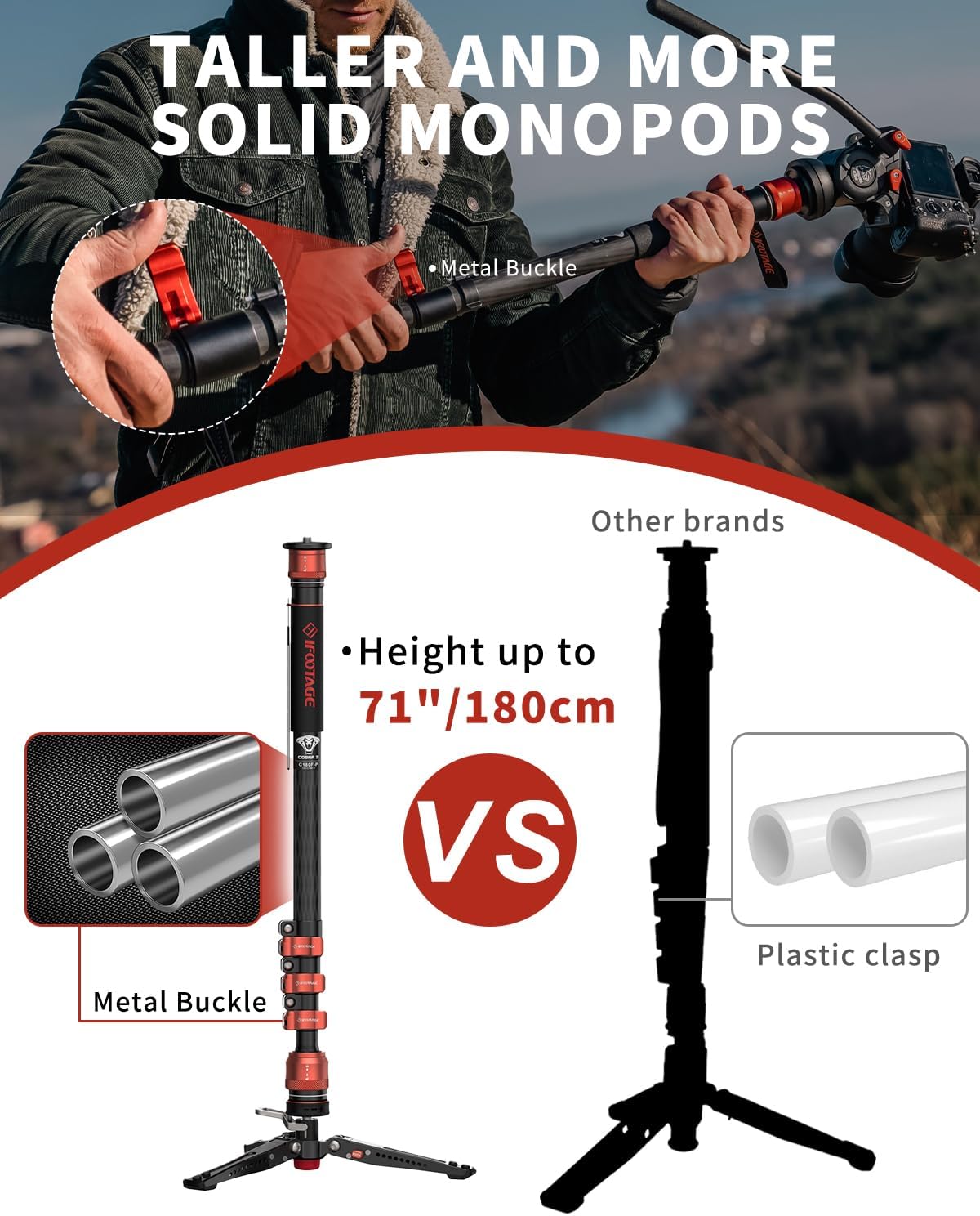 IFOOTAGE Monopode avec pied Cobra 3 C180F-P, Monopode pour appareil photo 181cm/71", Fibre de carbone, Charge maximale 8 kg/17,64 lbs