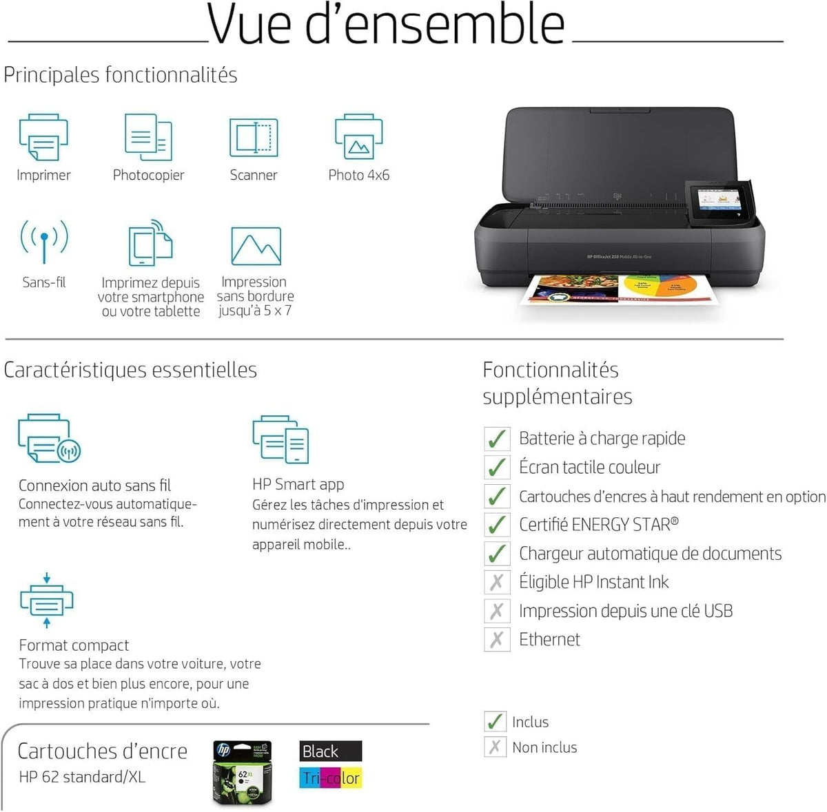 OfficeJet 250 Imprimante Tout-en-Un Portable, Fonction Impression, Copie, Numérisation jusqu'à 600 dpi, Wi-Fi et USB, Noire