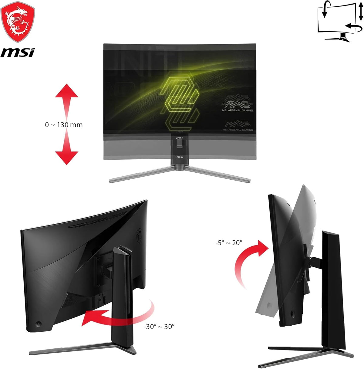 MSI MAG 27CQ6PF Écran Gaming incurvé FHD de 27" - Dalle Rapid VA 2560 x 1440 1500R, 180 Hz / 0,5ms (GtG, Min.), AMD FreeSync - DP 1.2a, HDMI 2.0b CEC