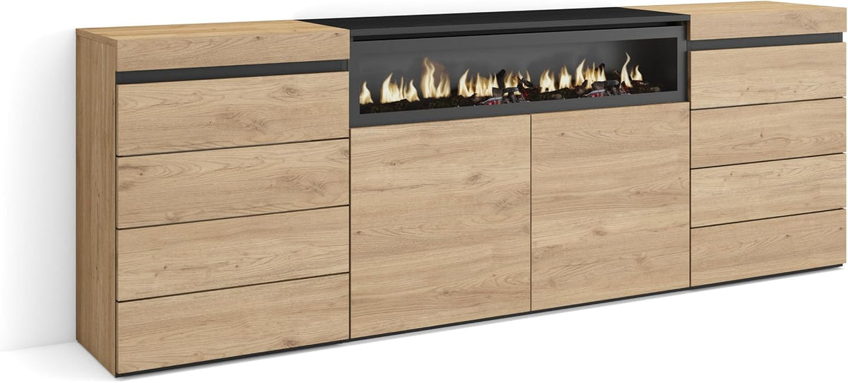 Skraut Home | Commode, Buffet, Armoire | Meuble de Rangement | 214x75x35 cm | Chambre à Coucher, pièce | Cheminée électrique | Style Moderne | Chêne