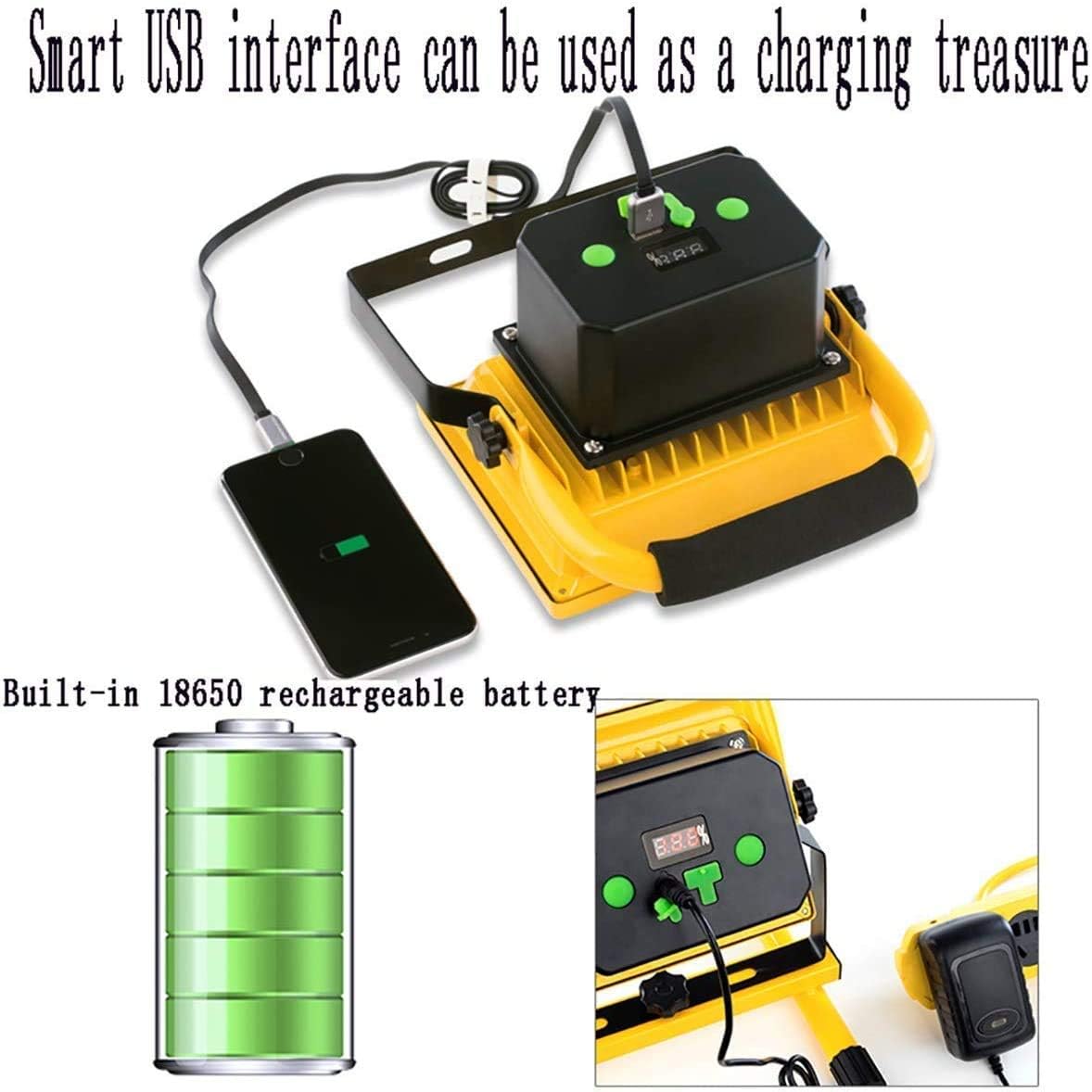 Lampe de travail à LED Lampe rechargeable, Projecteur LED rechargeable 500 W avec trépied | Projecteur de sécurité d'urgence étanche IP 65 avec adaptateur for la pêche, le camping et la randonnée