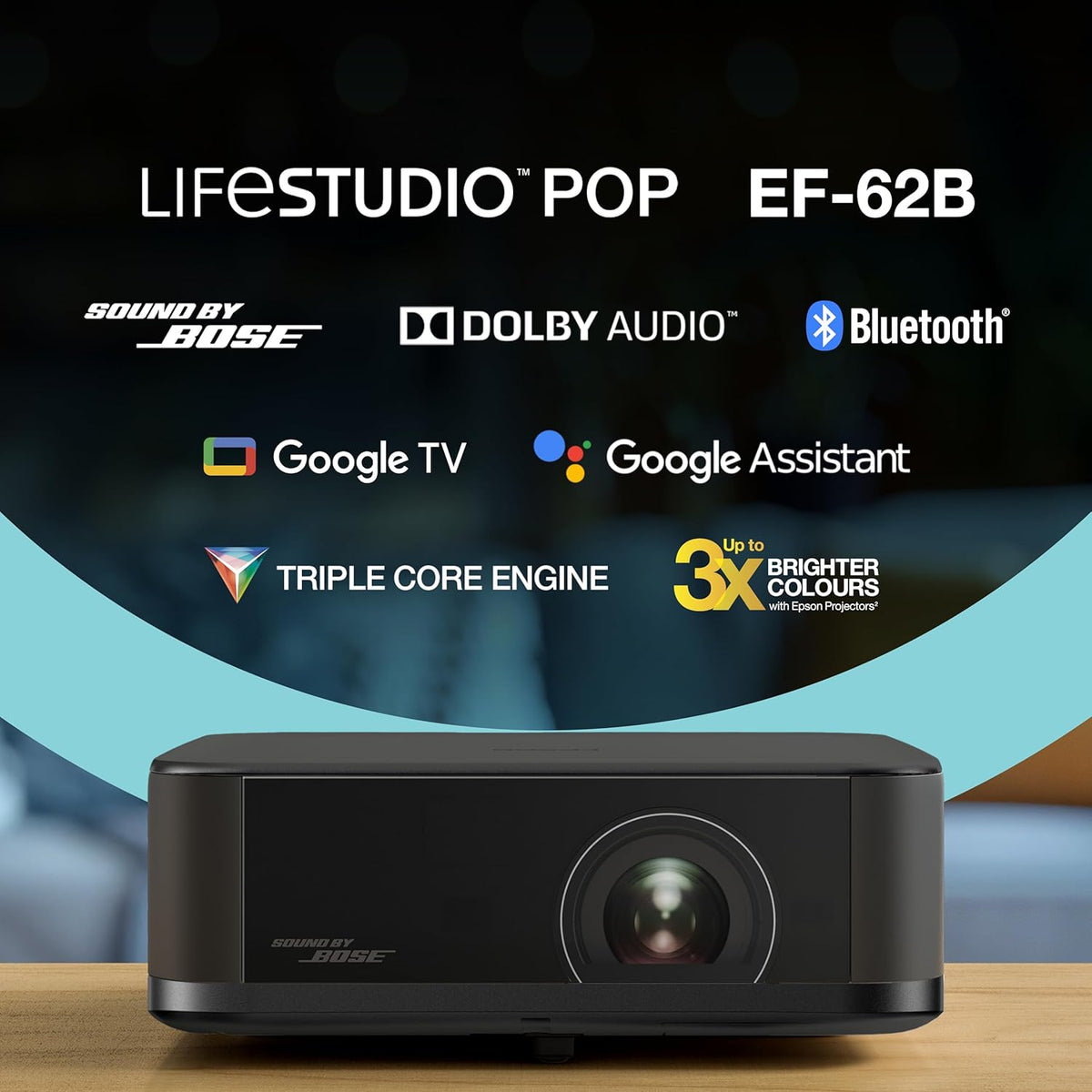 Lifestudio Pop EF-62B Noir métallisé, Projecteur portatif Smart, Google TV, 4k Pro-UHD, Utilisation en intérieur/extérieur, Garantie de 5 Ans*