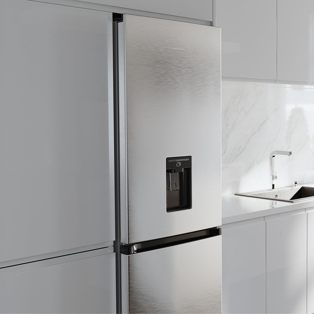 Cecotec Bolero CoolMarket Réfrigérateur Combiné 2 Portes Combi 296 DF WD Inox E. 296L, 60cm de Largeur, Fonctions FastCooling, FastFreezing et DeFrost, Intérieur LED, Distributeur d'Eau Intégré, Inox