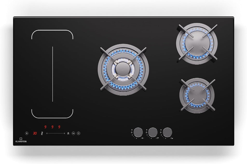 Klarstein MultiChef 5 Plaque Induction Et Gaz - Table De Cuisson À, 5 Zones, Flexzone, Stop&Go, Minuterie, Supports En Fonte, Noir, 87.5Cm