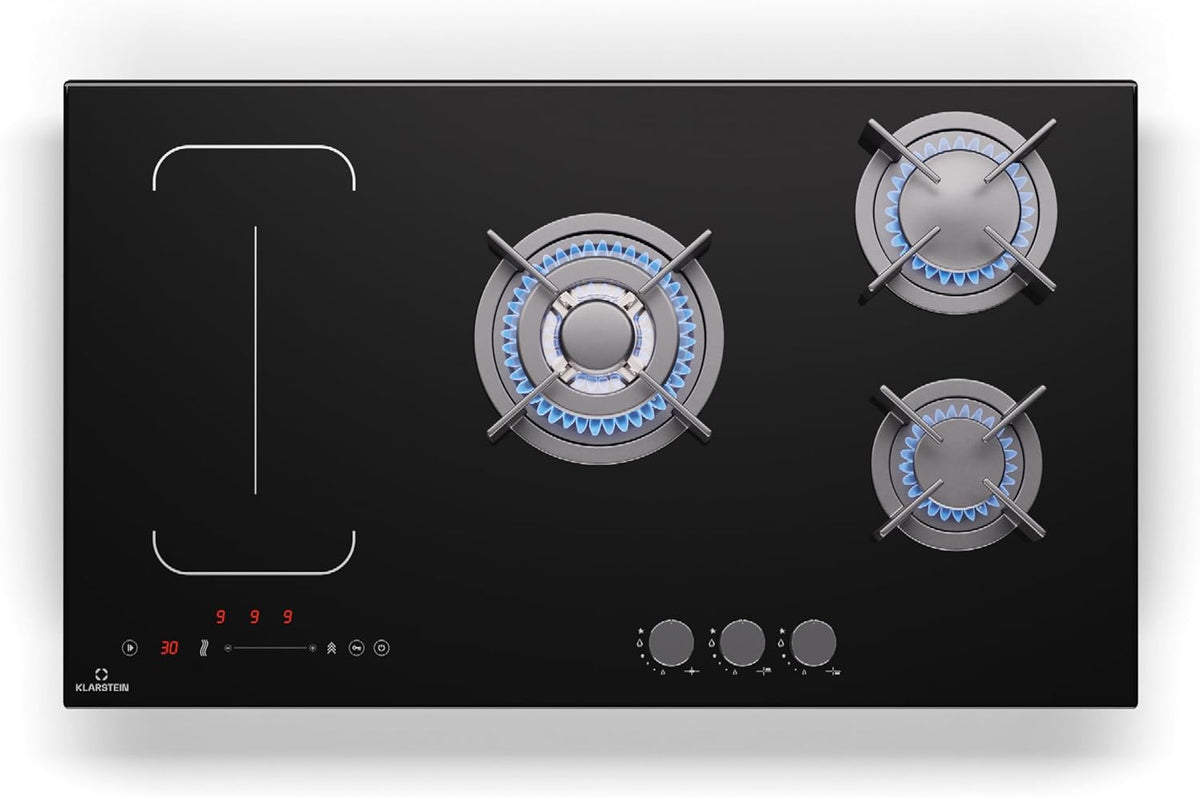 Klarstein MultiChef 5 Plaque Induction Et Gaz - Table De Cuisson À, 5 Zones, Flexzone, Stop&Go, Minuterie, Supports En Fonte, Noir, 87.5Cm