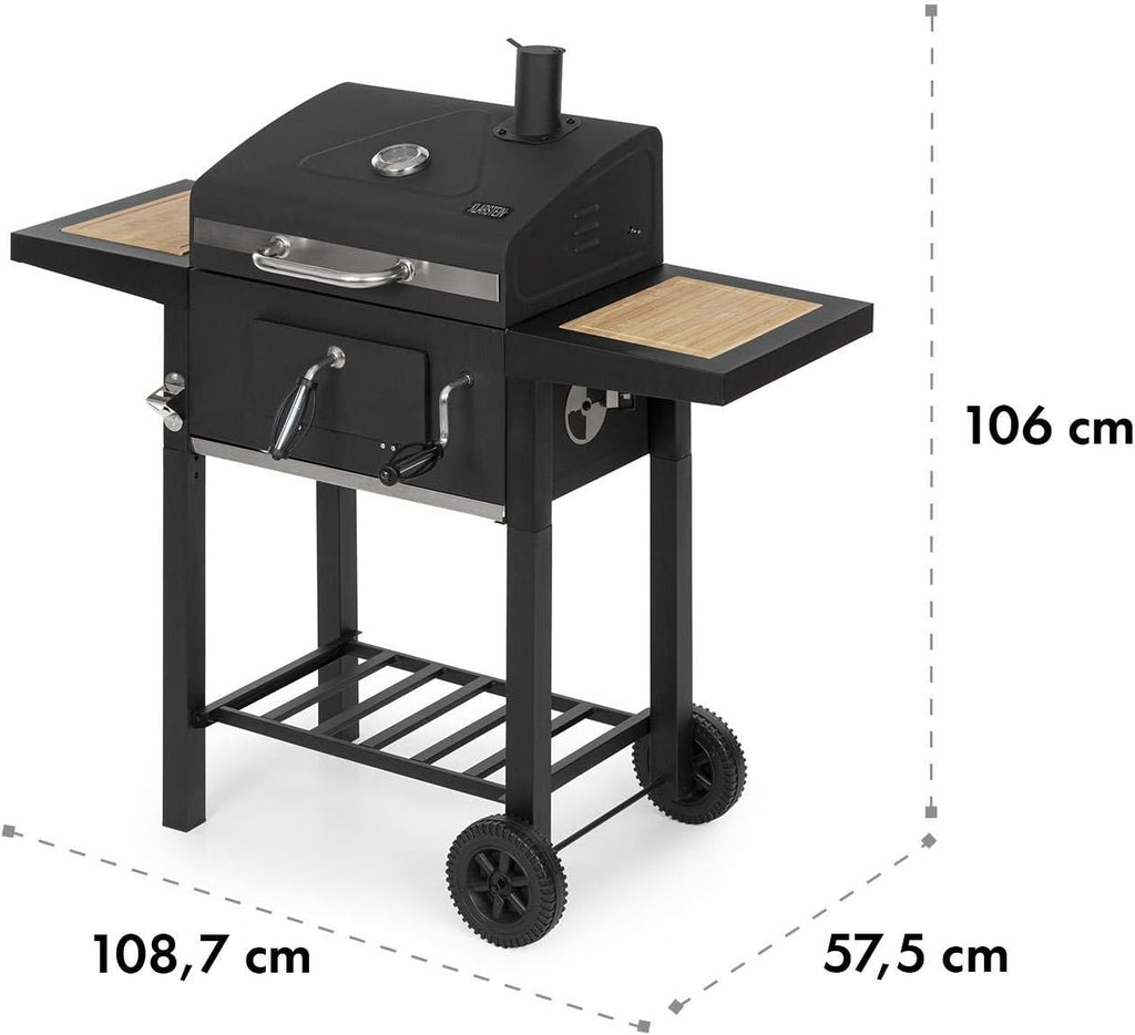 KLARSTEIN Meat Machine - Grill à Charbon de Bois, BBQ-Grill, Fumoir, Surface de Cuisson 45 x 32,5 cm, Système d'aération, Cheminée, Thermomètre intégré, Foyer réglable en Hauteur - Noir