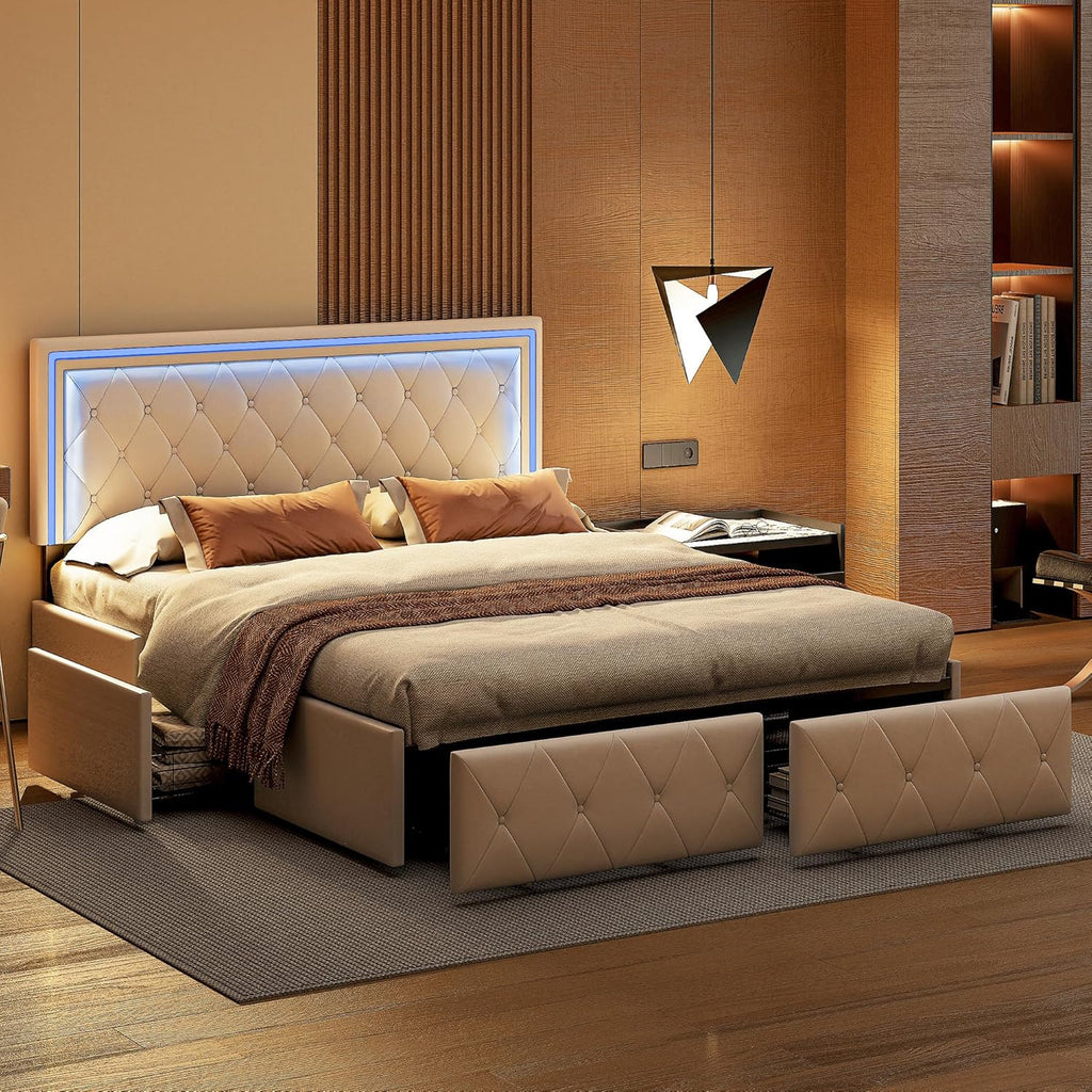 LONELYO Cadre de lit 160x200 avec sommier et Rangement - Lit Coffre capitonné PU avec LED et tiroirs, Design Moderne pour Chambre Adulte 160x200