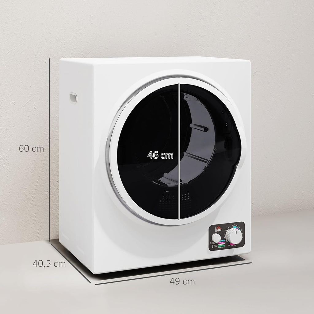 HOMCOM Sèche-linge à évacuation portable, sèche-linge électrique 850 W, 4 Kg, 4 modes de séchage, 2 niveaux de chauffage, cuve en acier inoxydable, installation murale, pour appartement dortoir, blanc