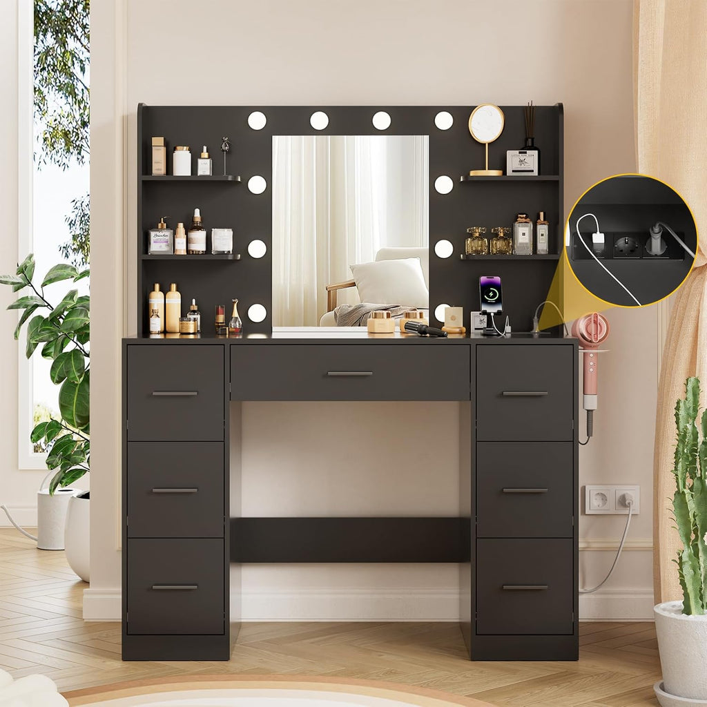 Airfish Coiffeuse LED, tiroir et prise, bureau de maquillage moderne avec étagères, commode pour chambre à coucher