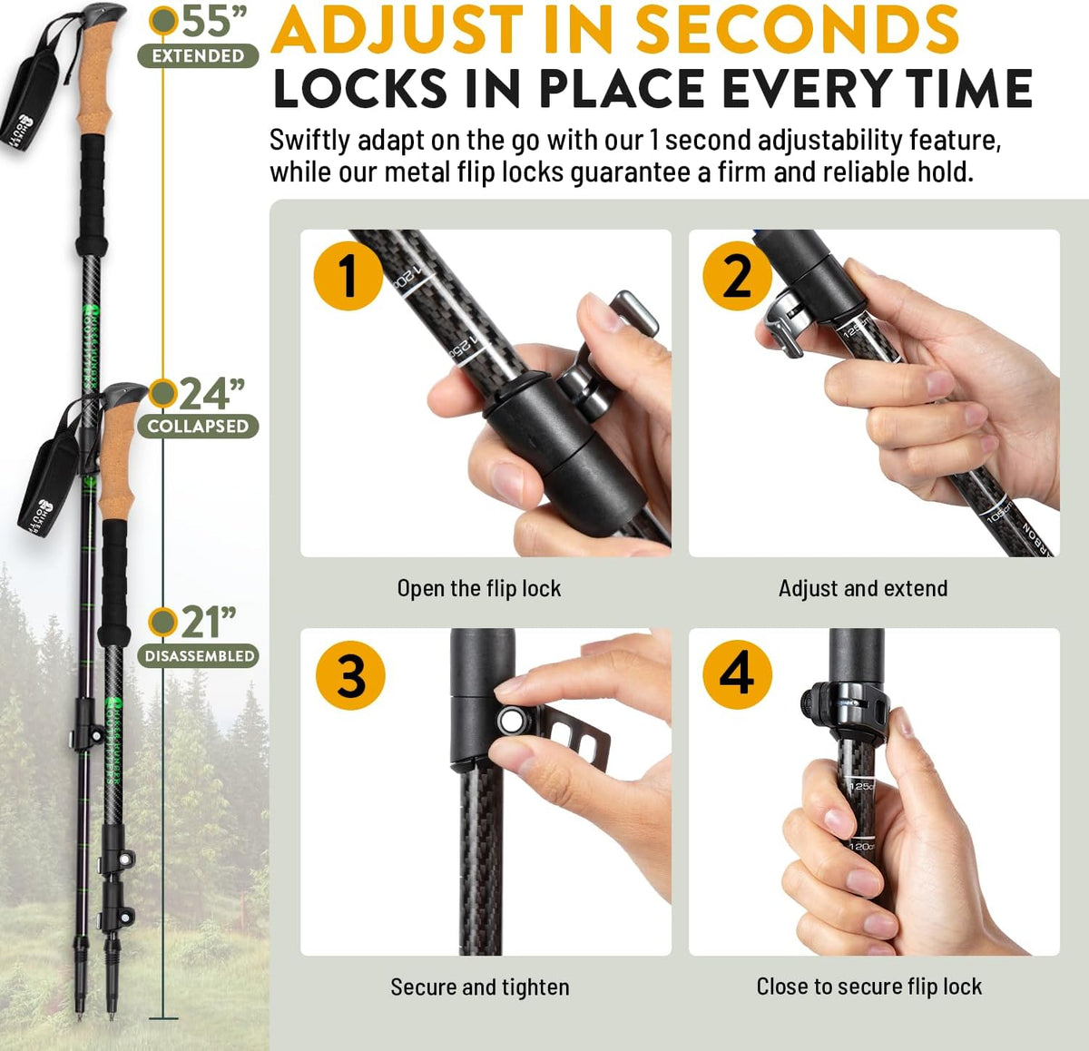 Pôles de Trekking 100% Fibre de Carbone de la Marque USA – Poles de randonnée Ultra Solides, légers, Pliables avec poignées en liège ou Mousse EVA et Fermetures à Rabat réglables Rapides
