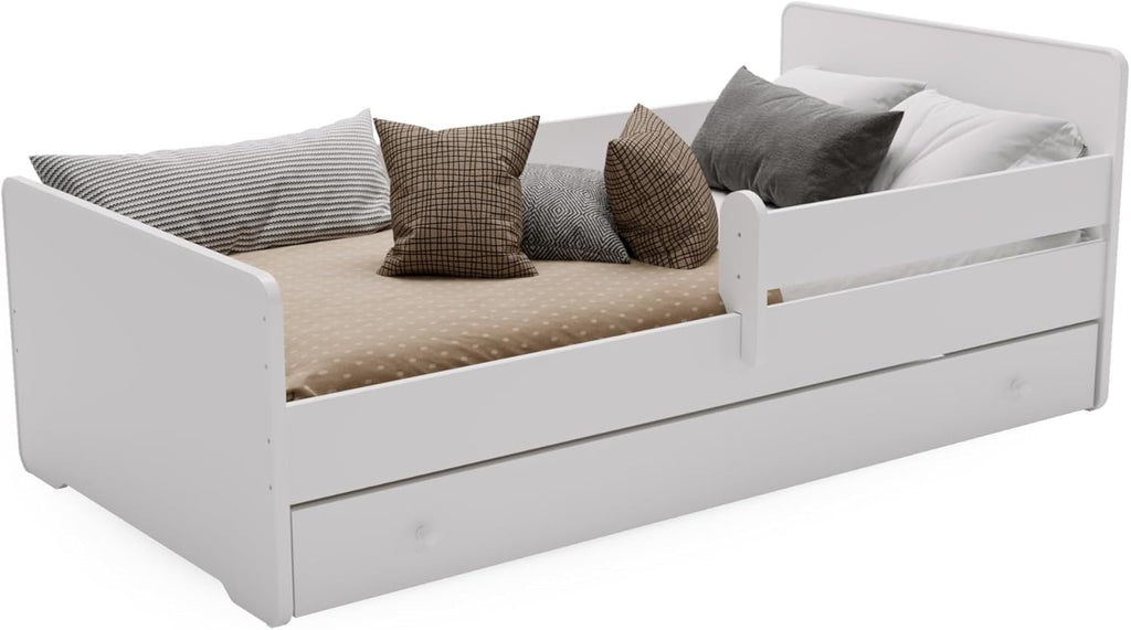 KOBI Lit Enfant Max Blanc | 160x80 | avec tiroir, Balustrade et Matelas | pour Filles et garçons | pour Chambre d'enfant |