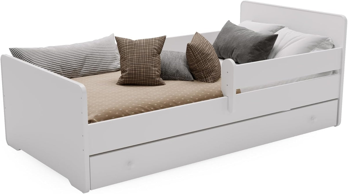 KOBI Lit Enfant Max Blanc | 160x80 | avec tiroir, Balustrade et Matelas | pour Filles et garçons | pour Chambre d'enfant |