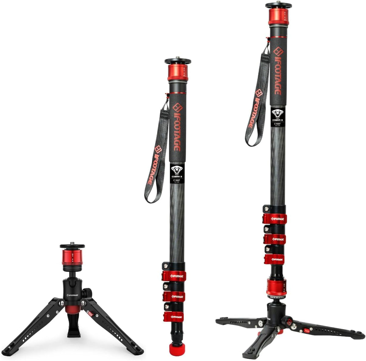 IFOOTAGE Monopode en fibre de carbone avec pieds trépied pour appareil photo et téléphone, charge maximale 10 kg, boucle de verrouillage rapide, hauteur 70,5180 cm, tube amovible, 4 sections, pour