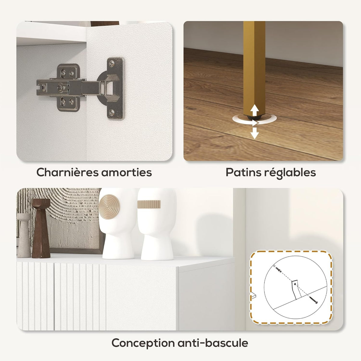 HOMCOM Buffet menuble de Rangement Design Contemporain Graphique 2 placards Porte étagères réglables en Bois Blanc métal doré