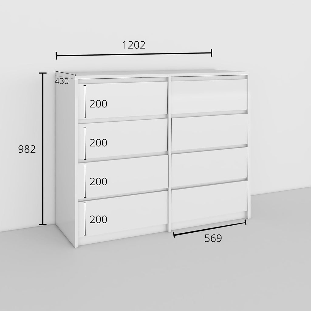 BDW - Commode 8 Tiroirs 120 cm - Meuble de Rangement - Commode Chambre Bébé, Enfant, Adulte, Salon - Construction Solide - 120x100x43 cm - Cachemire
