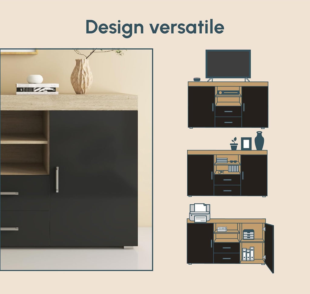 MB Muebles Bonitos, Buffet Roque pour Salon et Salle à Manger Moderne, Meuble TV en Mélamine, Couleur Noir Brillant et Sonoma Mat, 140x80x40 cm