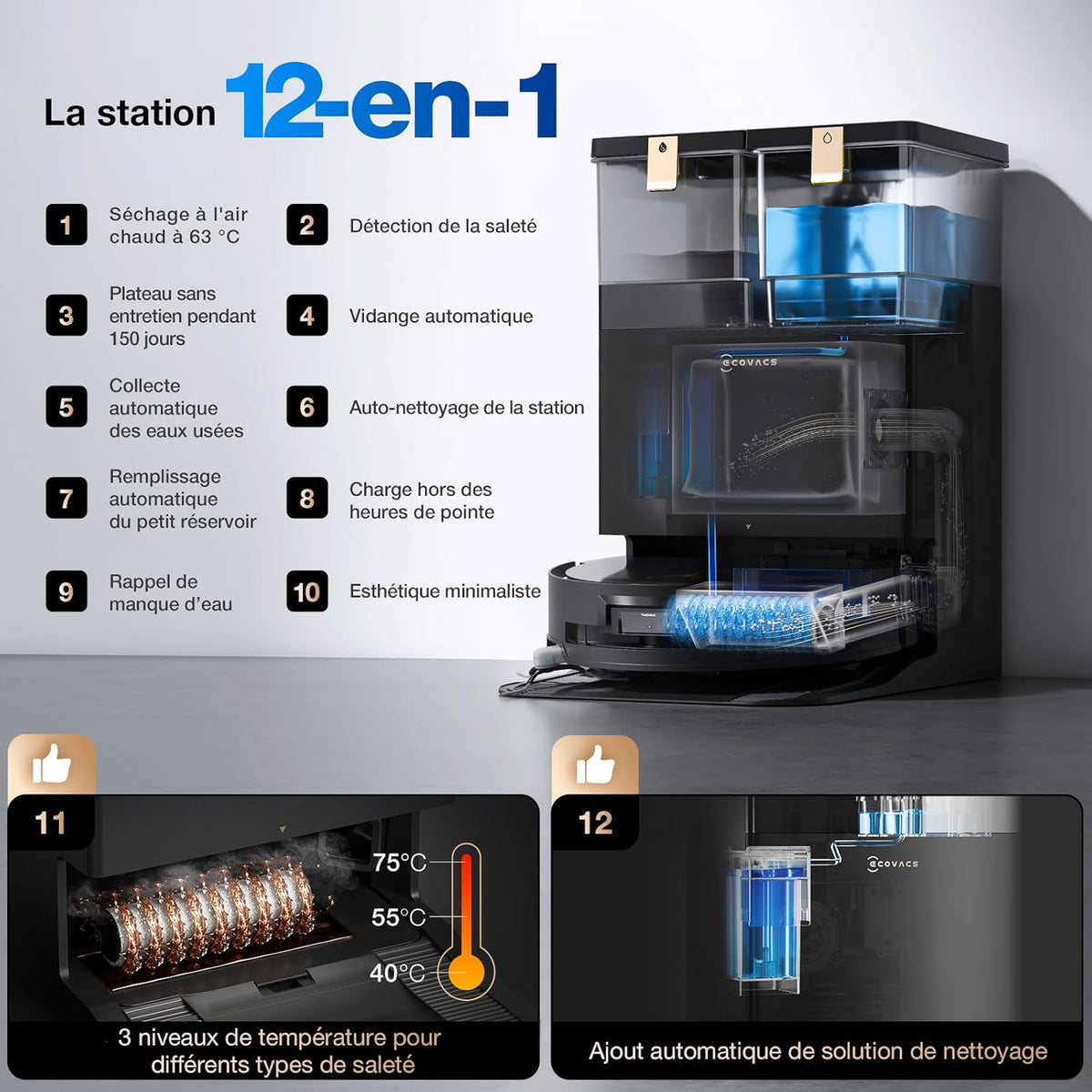 ECOVACS X8 Pro Omni Robot Aspirateur Laveur avec Station Tout-en-Un, Puissance 18000Pa, Nettoyage Auto Instantané OZMO Roller, Nettoyage à l'eau Chaude, Ajout Automatique Solution de Nettoyage