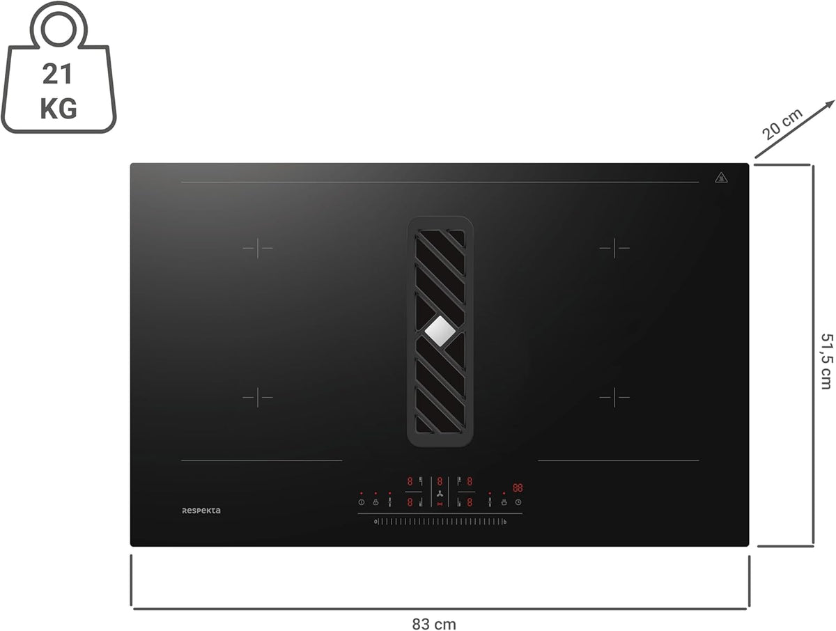Respekta Calima Table de cuisson à induction avec hotte aspirante / 83 cm/Recyclage d'air semi-dirigé / 9 niveaux de puissance/Fonction Bridgezone et Booster/Sécurité enfants / KMCH7800I-45