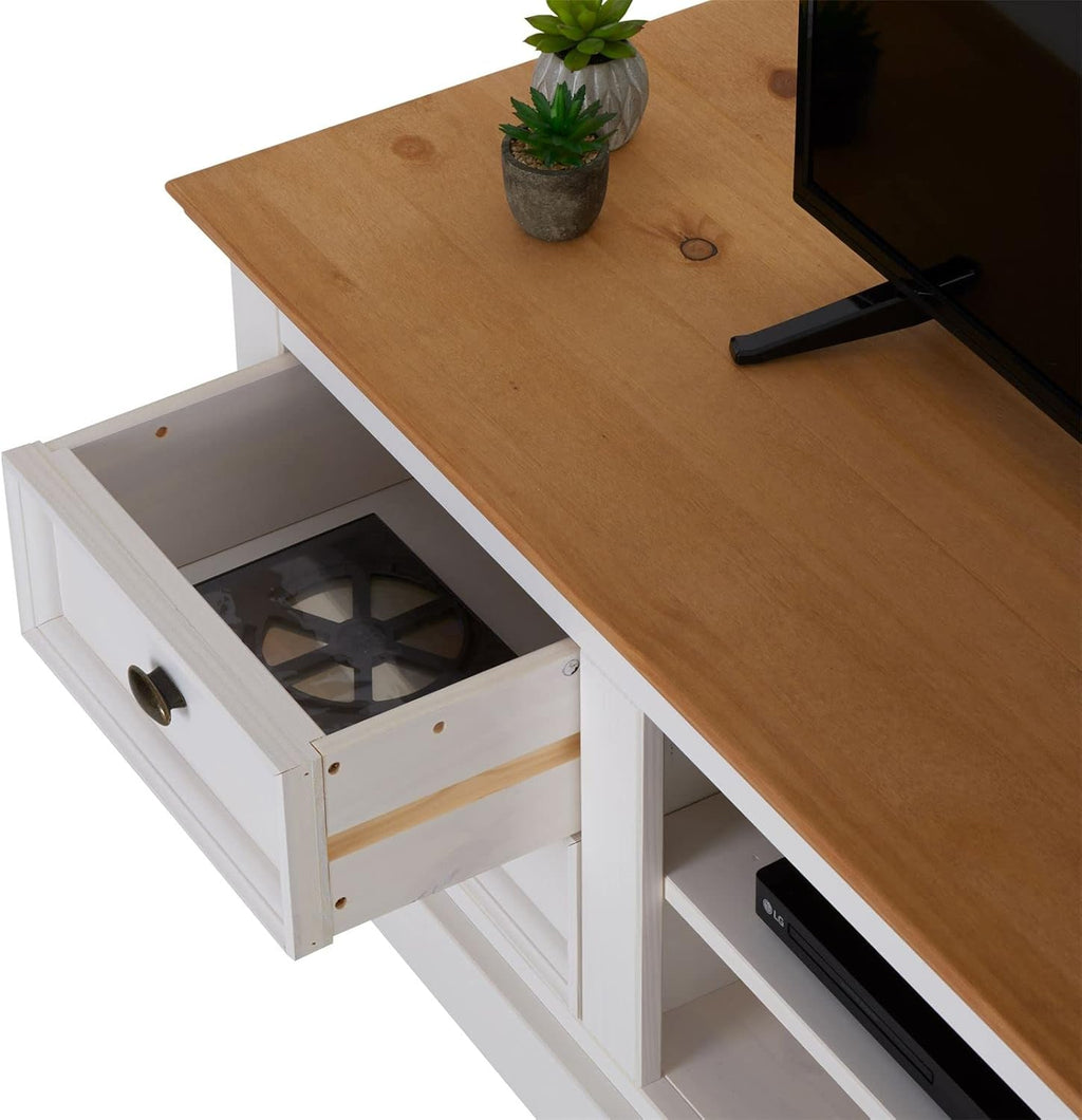 IDIMEX Meuble TV Kent L 144 cm en Bois Massif Blanc et Brun avec Rangement 4 tiroirs et 2 niches pour télévision jusqu'à 60 Pouces 144 x 46 x 45 cm