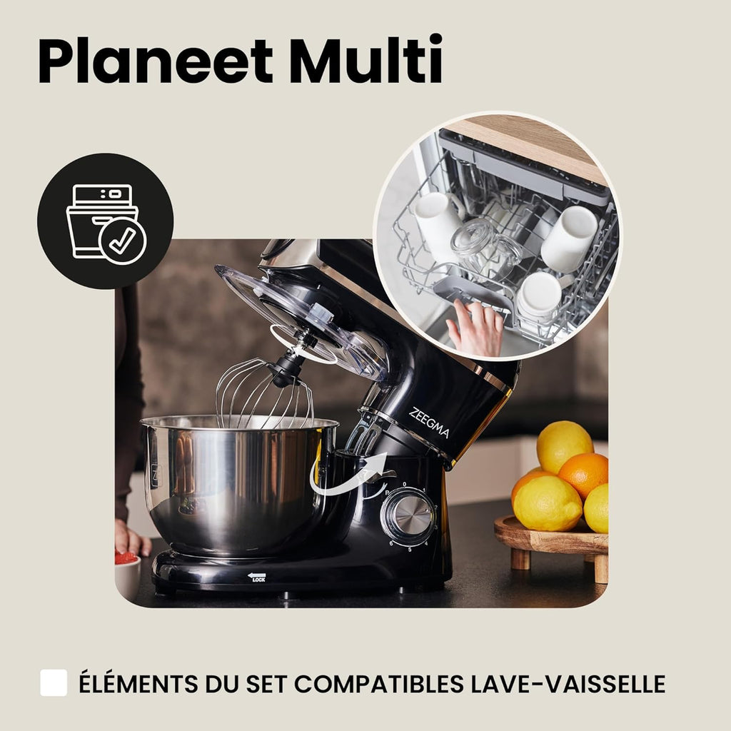 ZEEGMA PLANEET MULTI Robot Planétaire 1900W 3-in-1, Robot de Cuisine Multifonction avec bol de 6,2 L, Poignée et Couvercle, Gobelet Mixeur, Hachoir 6 Vitesses
