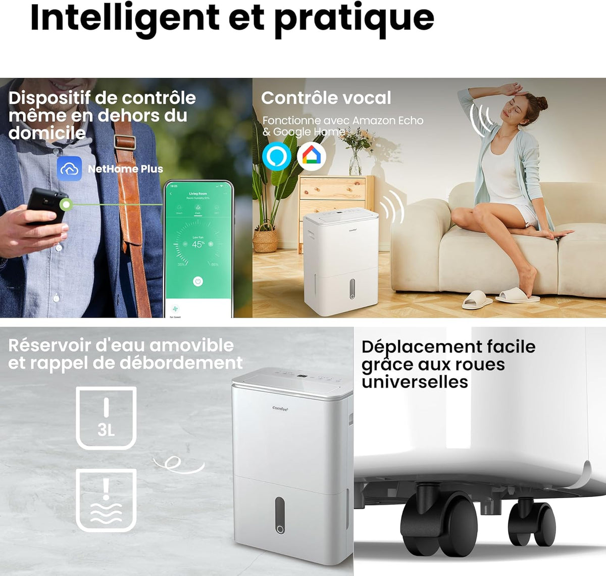 Déshumidificateur 2-EN-1,Elimine l'humidité jusqu'à 16L-Jour, Purification d'air avec ioniseur, 4 Modes, Fonction Air Swing, Contrôle APP, Idéal pour pièces de 29-44㎡, Easy Dry 16