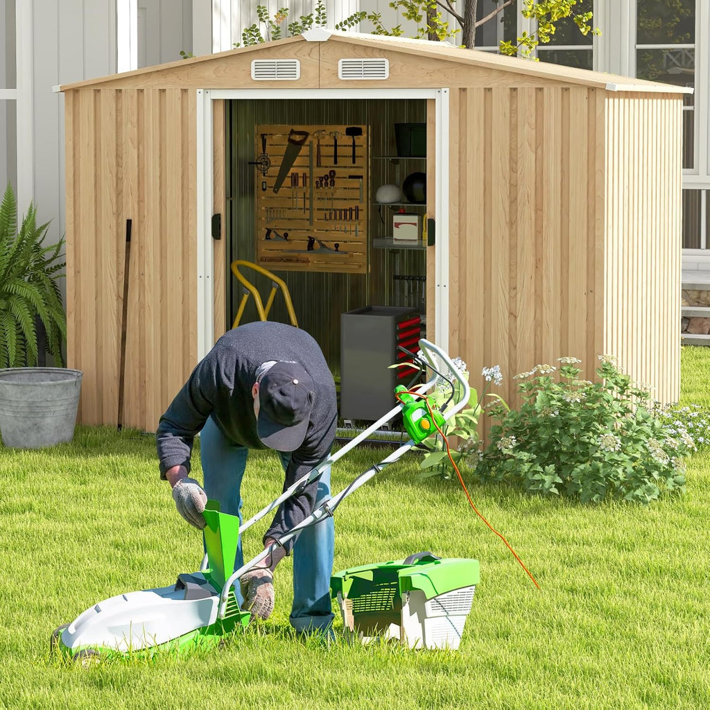 COSTWAY Abri de Jardin 5㎡ en Acier Galvanisé Anti-UV, 259 x 196 x 184 CM, Cabane de Jardin Exterieur 7m³ avec Fondation et Porte Coulissante, Rampe, 4 Trous d’Aération, 4 Gants Inclus