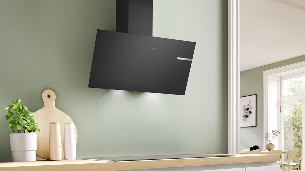 Bosch DWK85DK60 Série 2, Hotte murale, 4 vitesses d'aspiration dont 1 intensive, 80 cm, Noir avec finition en verre