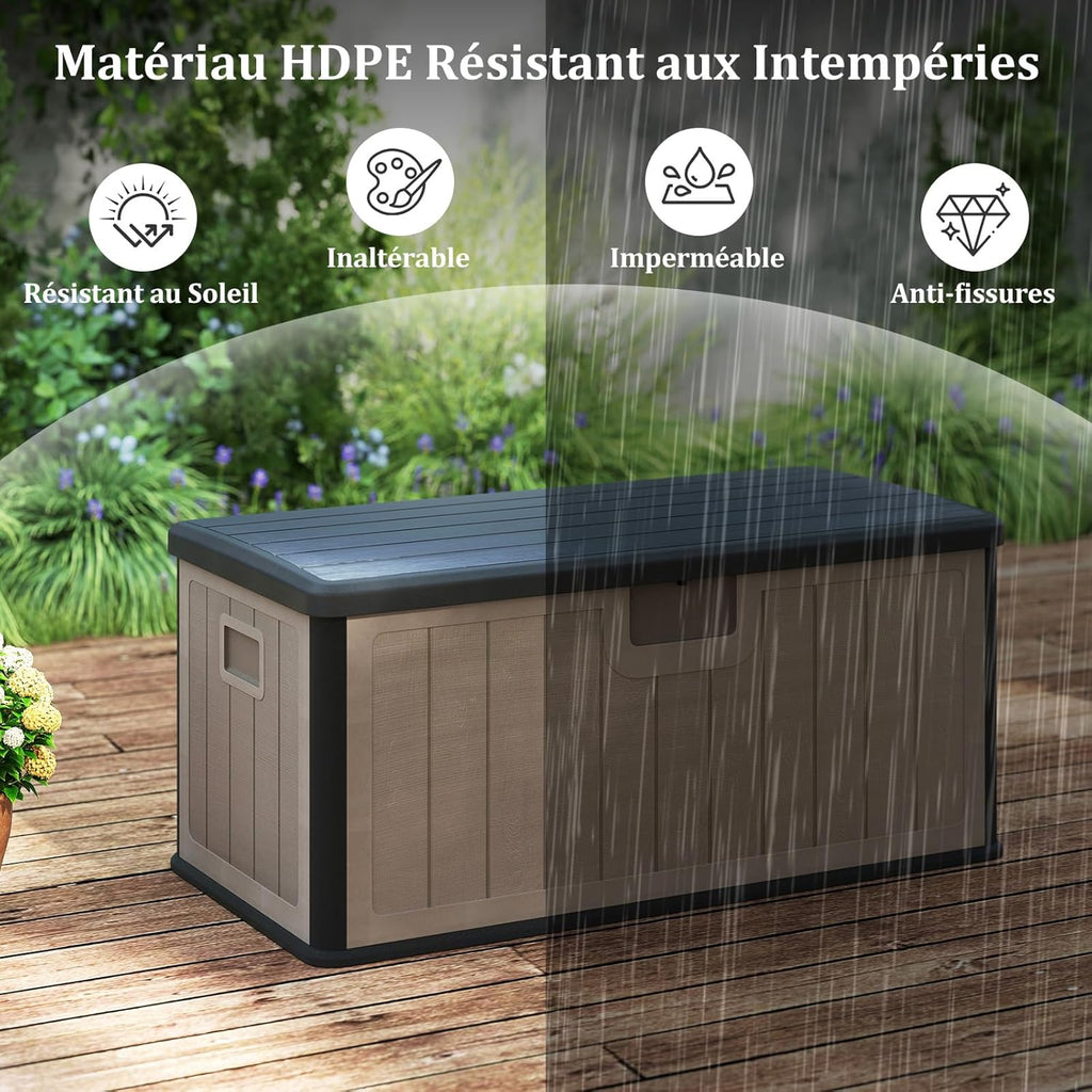 COSTWAY Coffre de Rangement Extérieure en Résine 378 L, Boîte de Rangement Imperméable avec Couvercle Verrouillable, pour des Outils Jouet Accessoires, pour Intérieur et Extérieur (Brun+Noir)
