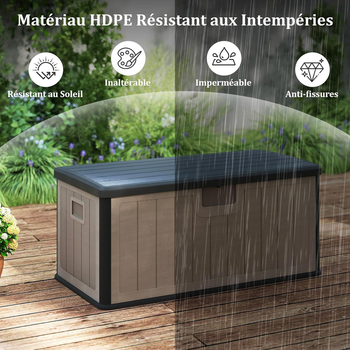 COSTWAY Coffre de Rangement Extérieure en Résine 378 L, Boîte de Rangement Imperméable avec Couvercle Verrouillable, pour des Outils Jouet Accessoires, pour Intérieur et Extérieur (Brun+Noir)