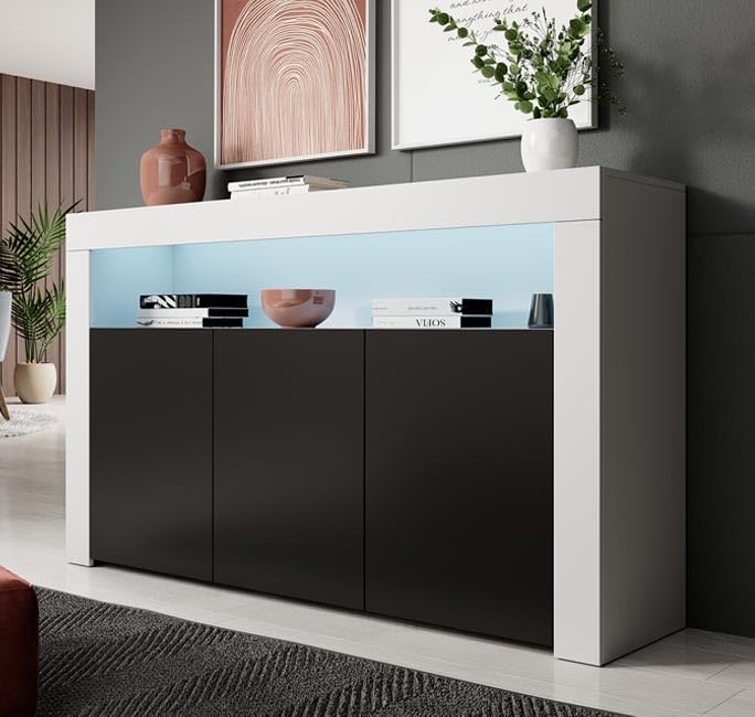 MB Muebles Bonitos Buffet Moderne pour Salon, Salle à Manger, Armoire Rialta, 155 x 91,5 x 37 cm, en mélamine Mate, Blanc et Noir