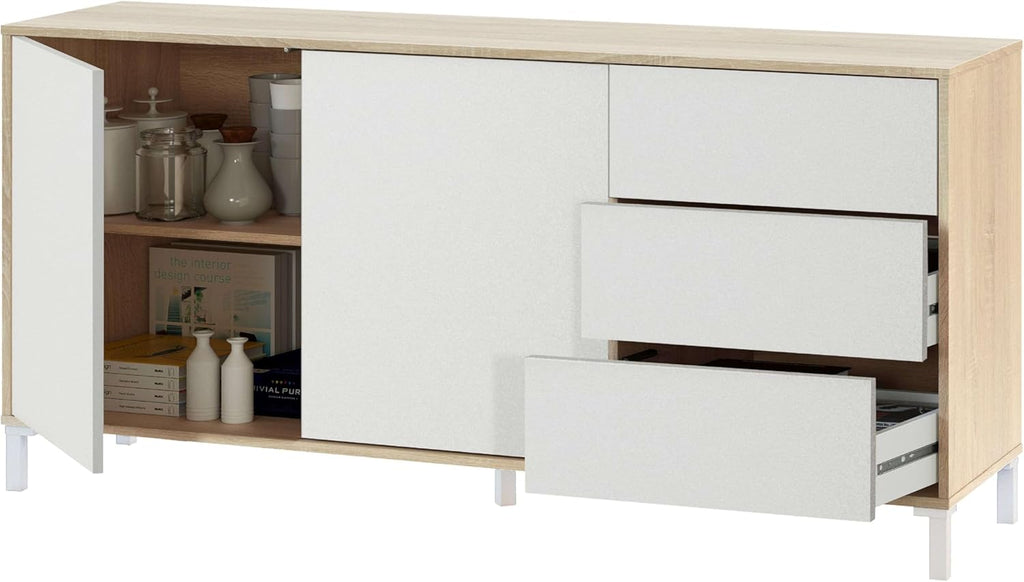 Habitdesign Modèle Brooklyn Buffet 2 portes + 3 tiroirs Finition chêne canadien et Blanc Artik , dimensions : 74 x 154 x 41 cm H x l x P .