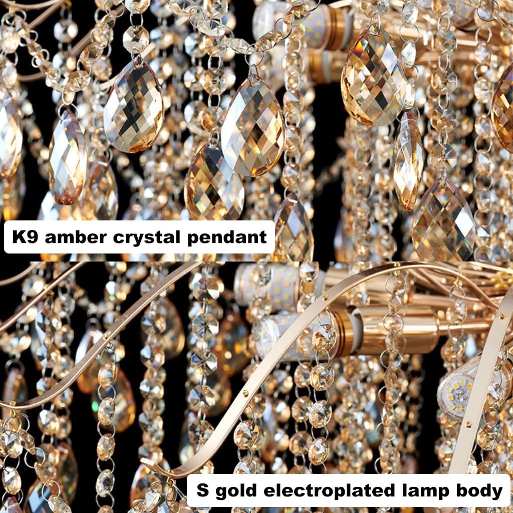 DOCJX Lustre Salon Moderne - Cristal Dimmable E14 Lampe Suspendue En Cristal K9 Avec Finition Dorée, Luminaire D'Intérieur Réglable Adapté Pour Lustre De Salle À Manger Et Chambre, Salon 60CM